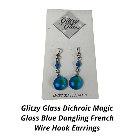 Glitzy Glass Dichroic Magic Glass Blue Dangling French Wire Hook Earrings